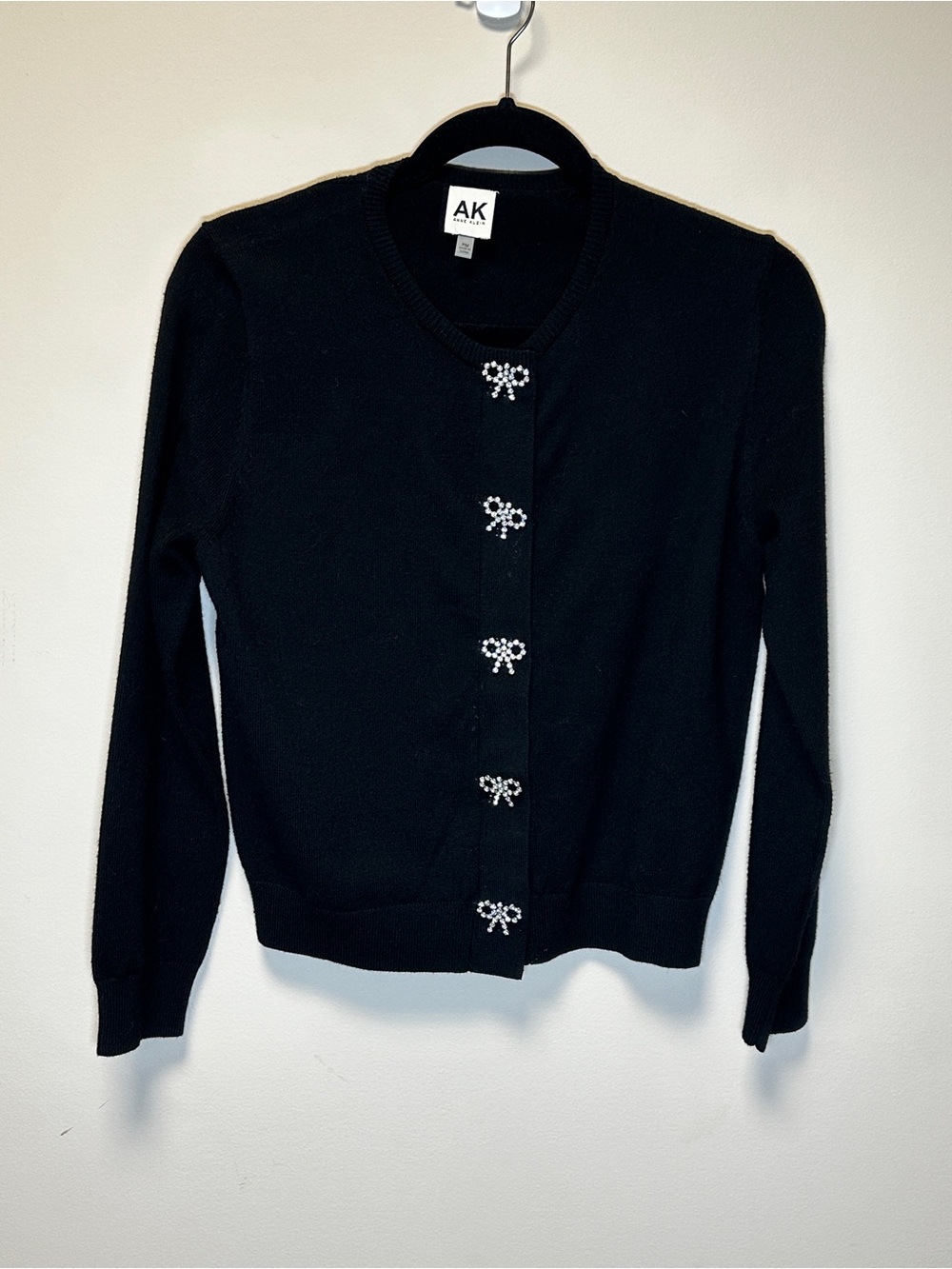 Anne Klein Black Crewneck Cardigan with Bow Gem Buttons